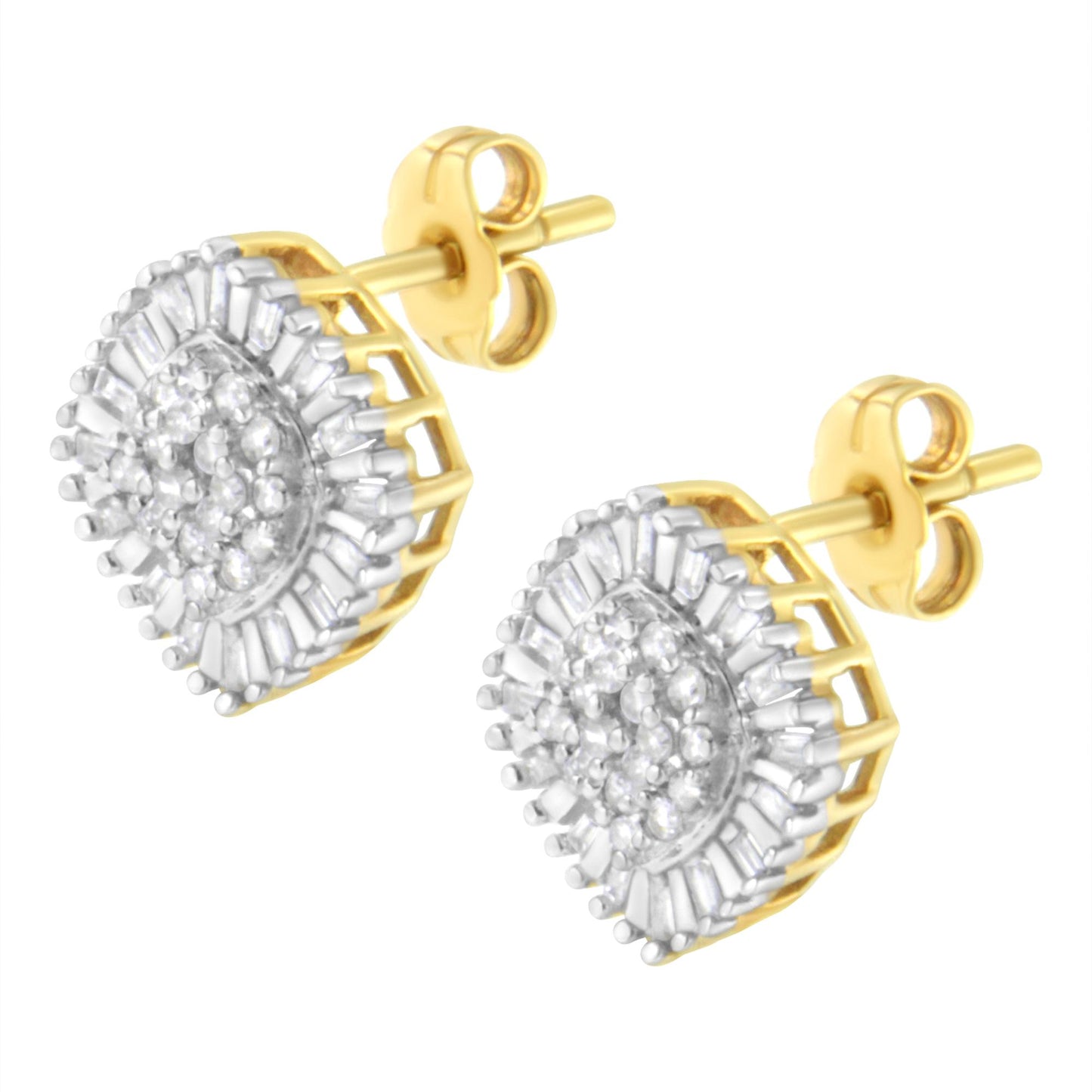 Pair of yellow metal stud earrings shown from a slightly angled front view, featuring white round gemstones in prong settings clustered in the center, surrounded by white baguette gemstones in channel settings on the outer edge.