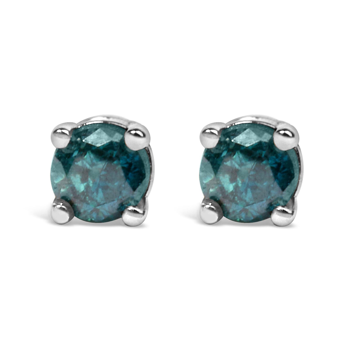 Front angled view of white metal stud earrings each set with a round blue gemstone in a prong setting.