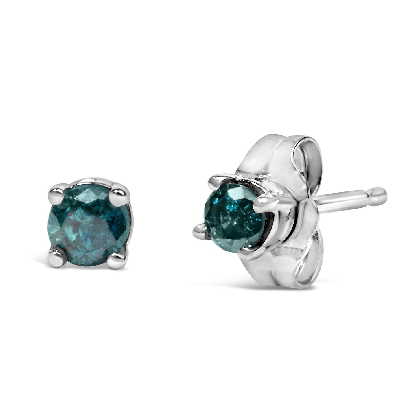 Pair of white metal stud earrings with round blue gemstones in prong settings, shown at a slight angle on a white background.