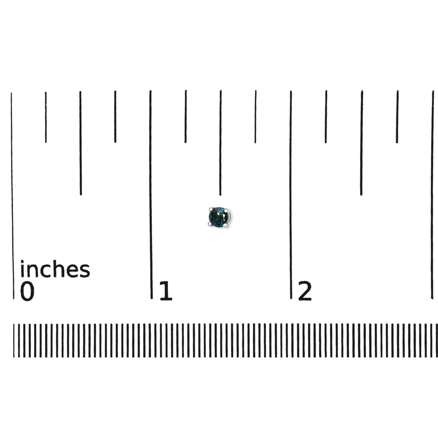 Close-up front view of a white metal round blue gemstone stud earring shown on a scale.