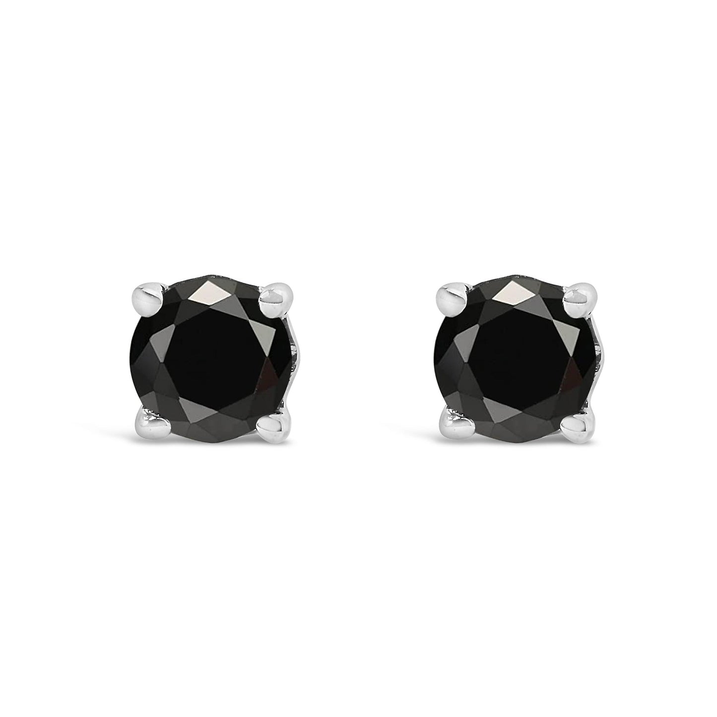 Front view of a pair of white metal stud earrings with round black gemstones in prong settings.