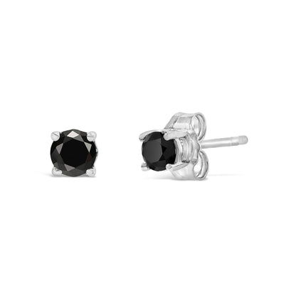Pair of white metal stud earrings with round black gemstones in prong settings, shown in a close-up front and side angle view on a white background.