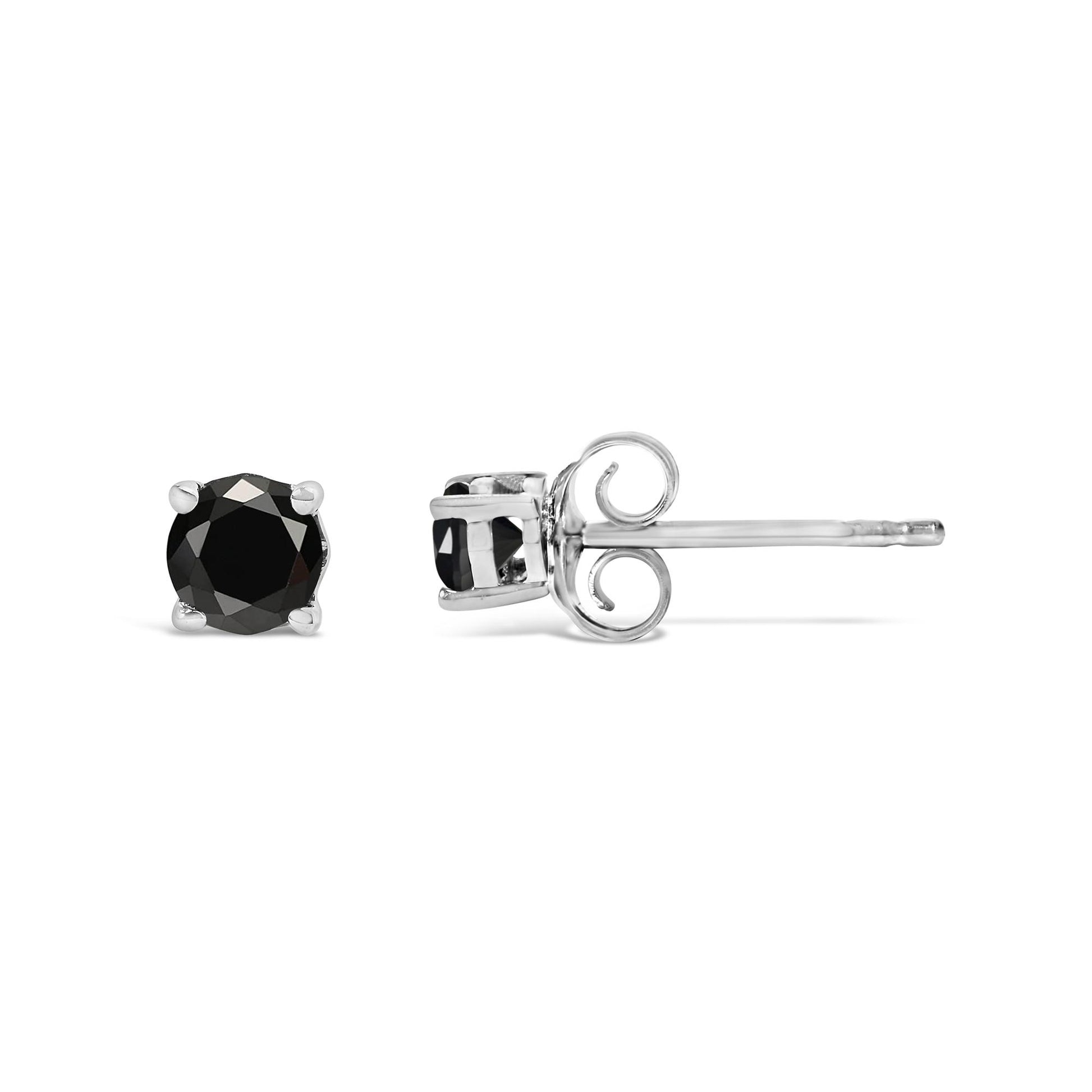 Close-up side and front view of a single white metal stud earring with a round black gemstone in prong setting shown on a white background.