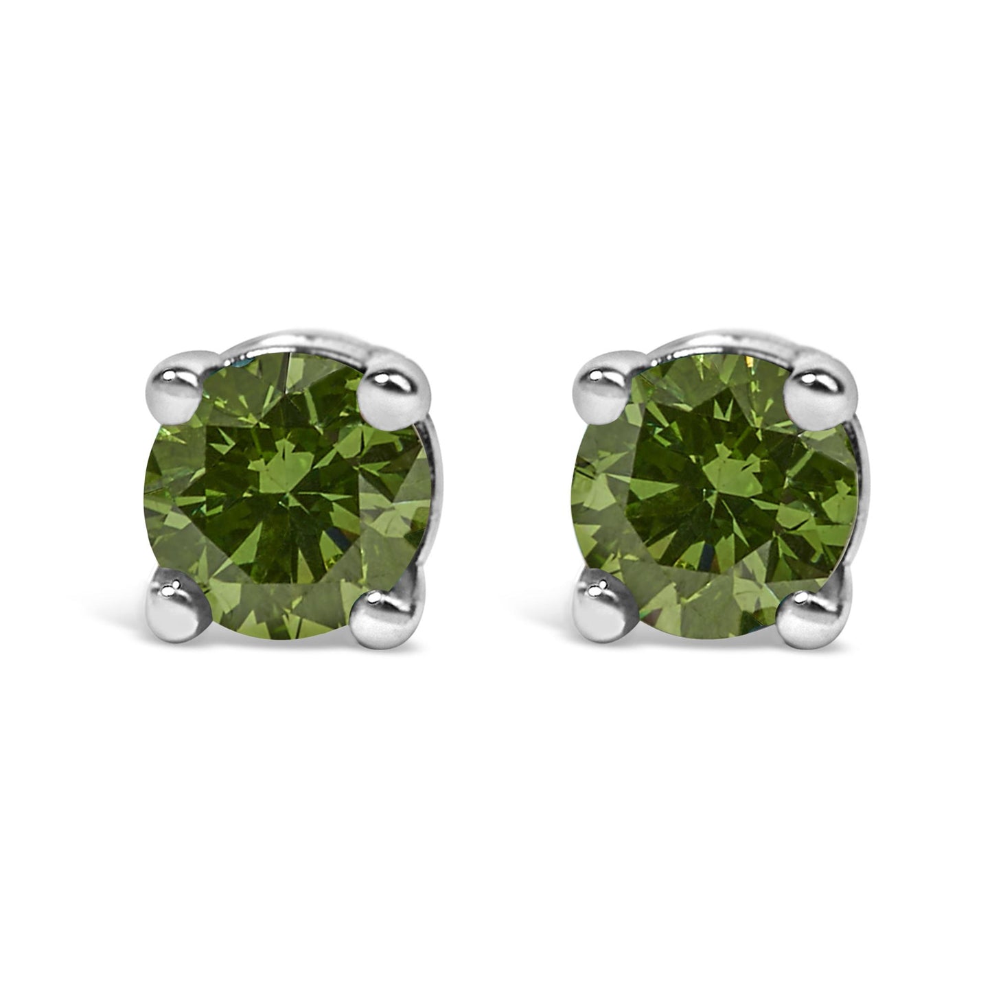 Pair of white metal stud earrings with round green gemstones in prong settings, front view.