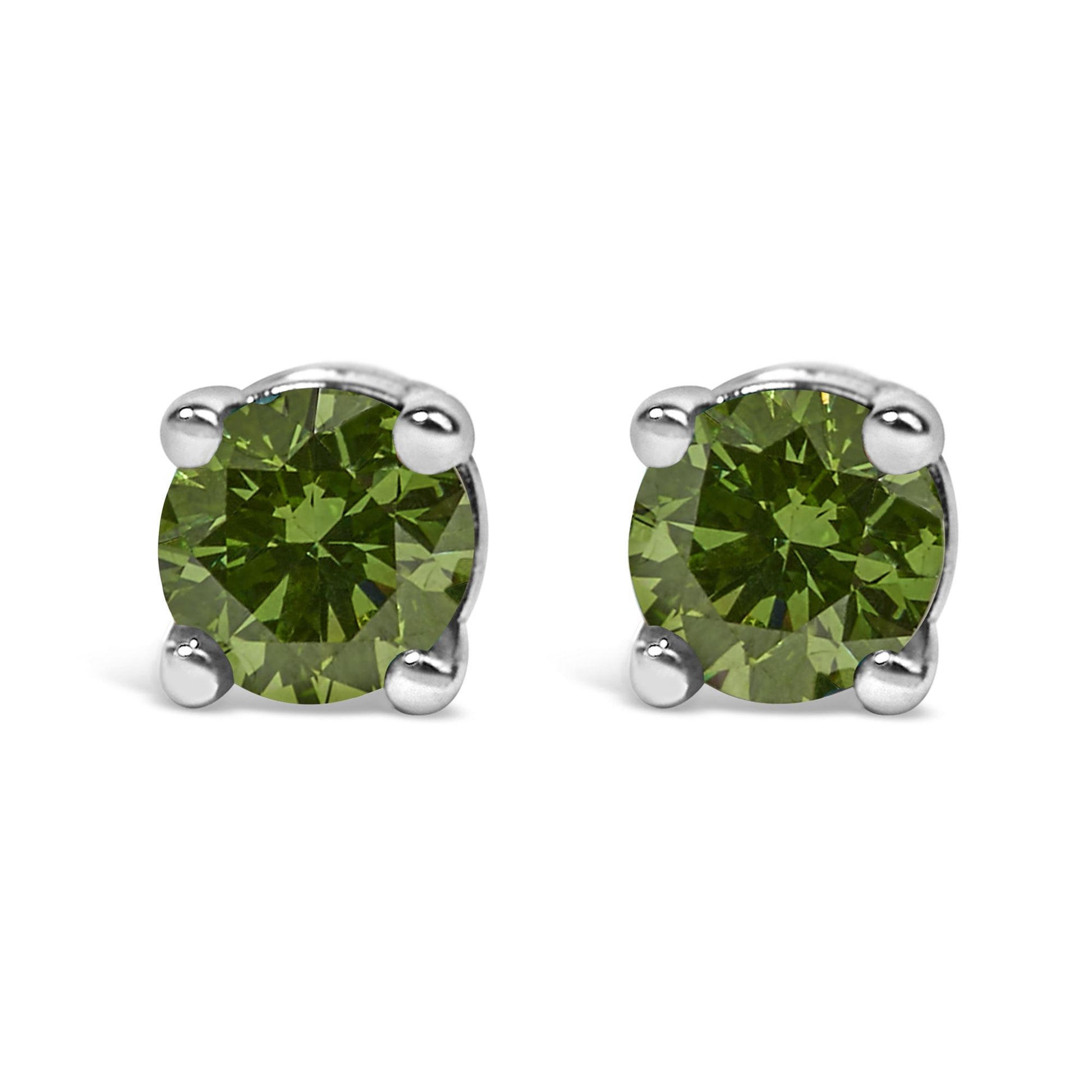 Pair of white metal stud earrings with round green gemstones in prong settings, front view.