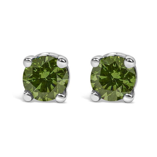 Pair of white metal stud earrings with round green gemstones in prong settings, front view.