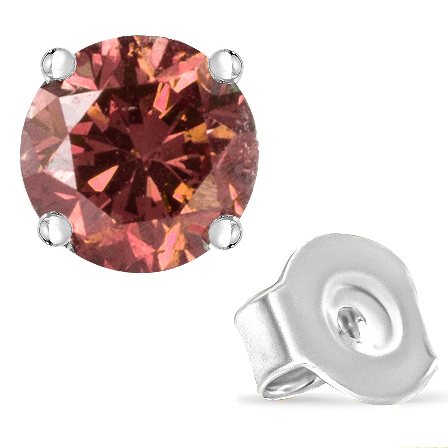 Close-up front and side angled view of a white stud earring featuring a round pink gemstone in a four-prong setting with a butterfly back.