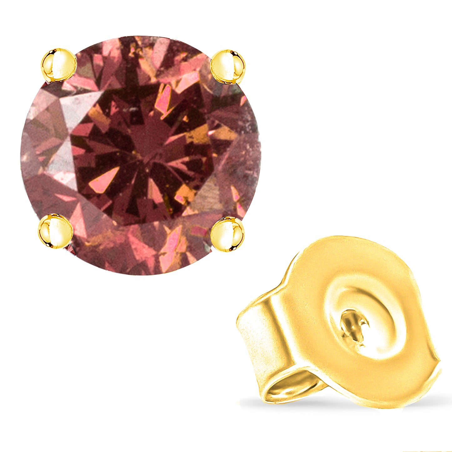 Close-up front and back view of a yellow metal stud earring with a round pink gemstone in a four-prong setting.