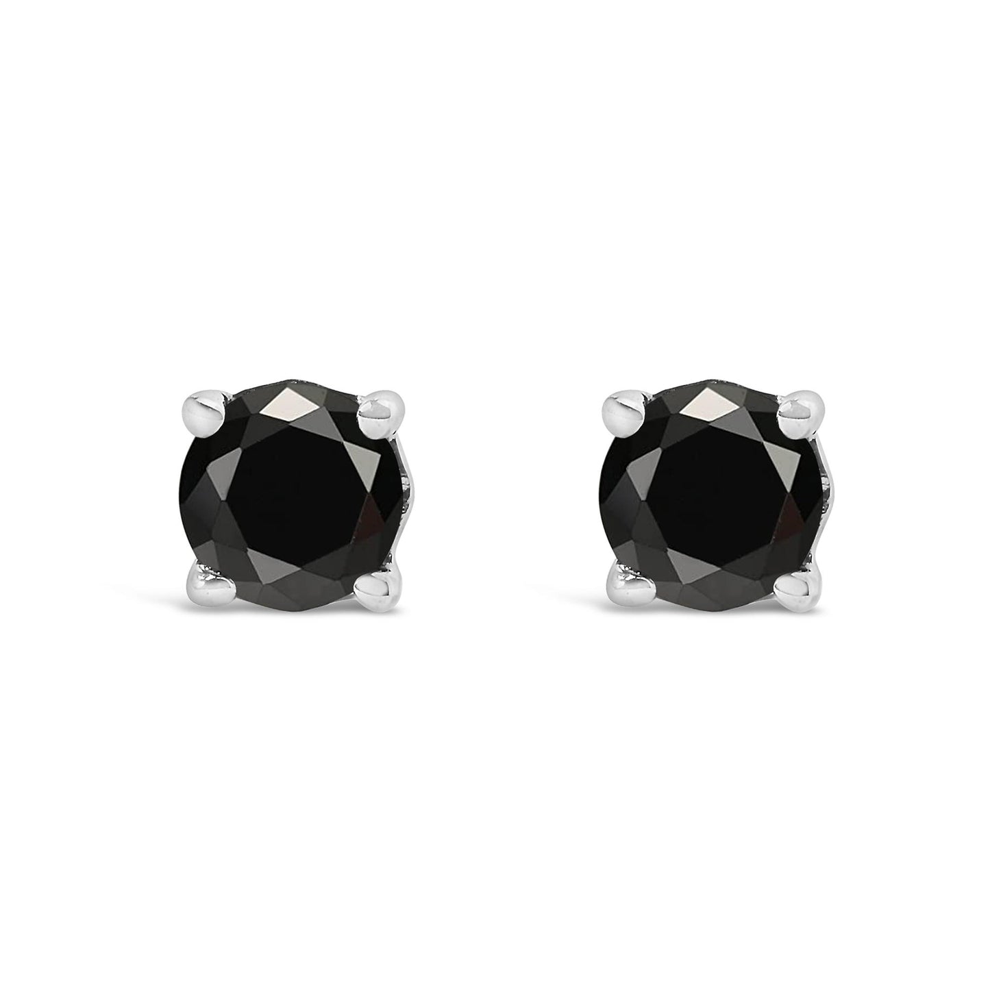 Front view of white metal stud earrings with round black gemstones in 4-prong settings.