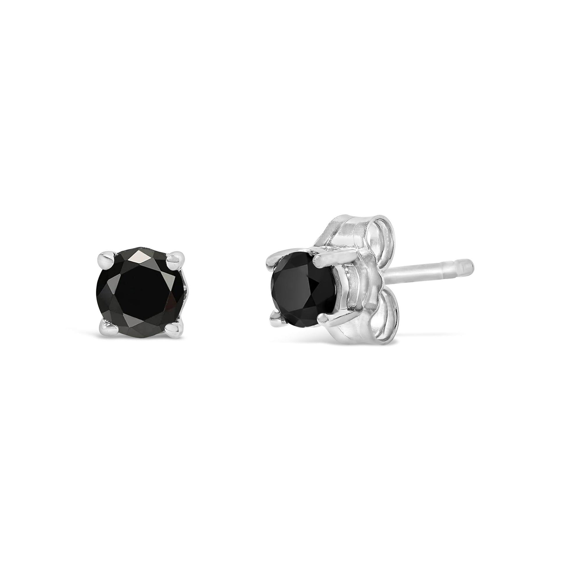 Pair of white metal stud earrings with round black gemstones in four-prong settings, shown from front and side angles on a white background.