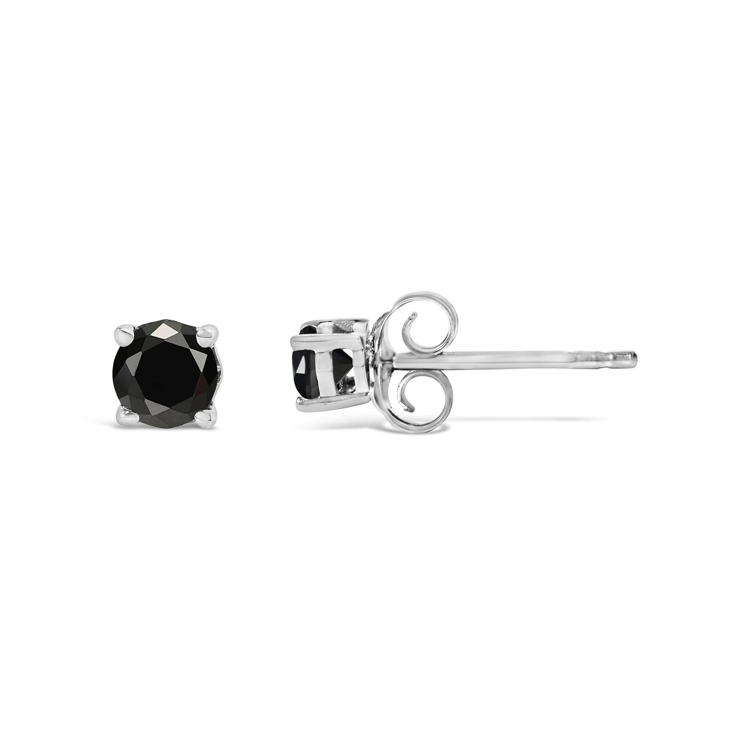 Close-up side and front view of a pair of white metal stud earrings, each featuring a round black gemstone set in a four-prong setting.
