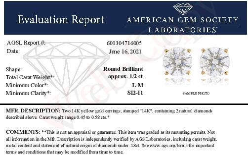 Pair of yellow metal earrings each with two round white gemstones in prong settings, shown in a certificate image.