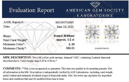 Pair of yellow metal earrings each with two round white gemstones in prong settings, shown in a certificate image.