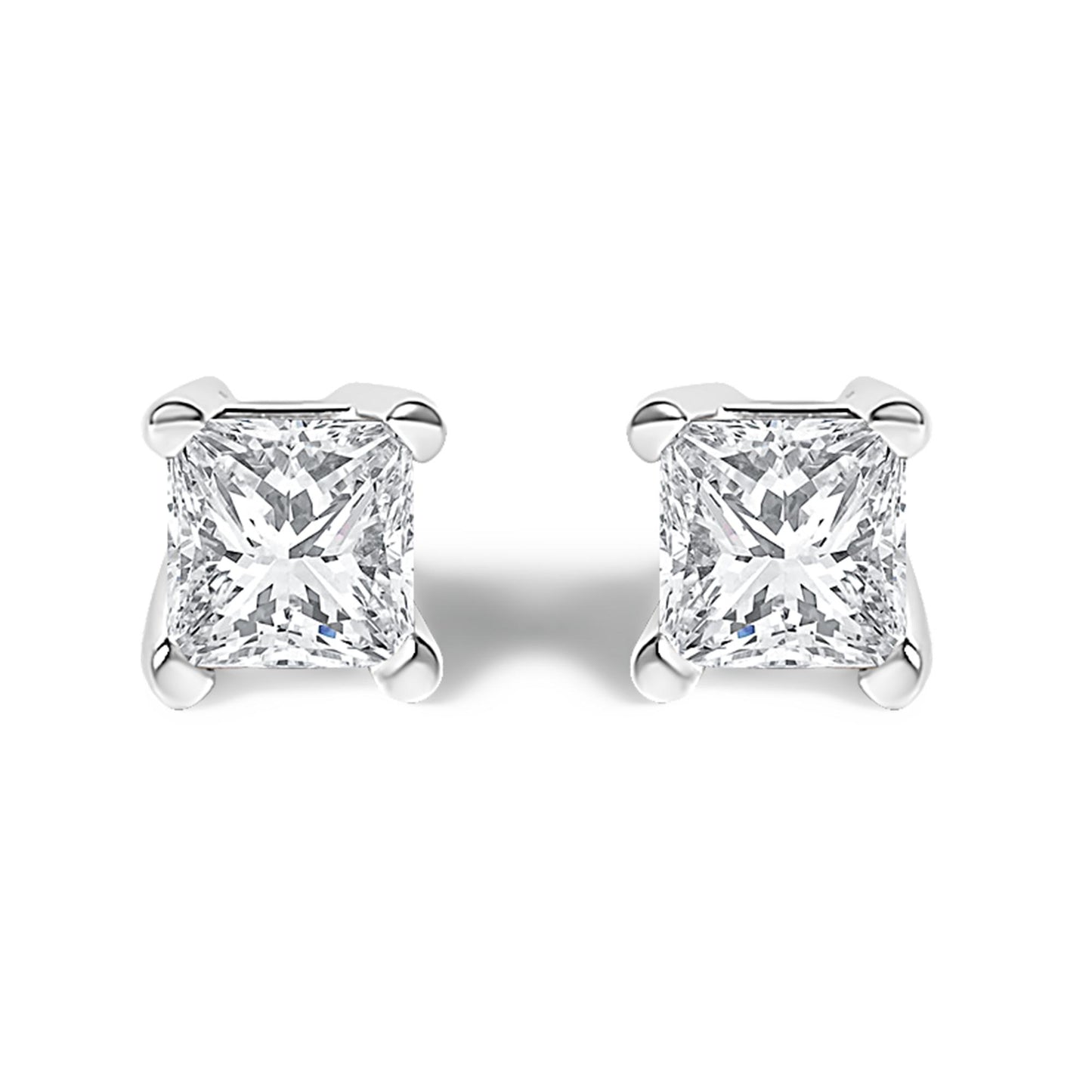 Front view of white metal stud earrings with princess-shaped white gemstones in prong settings.