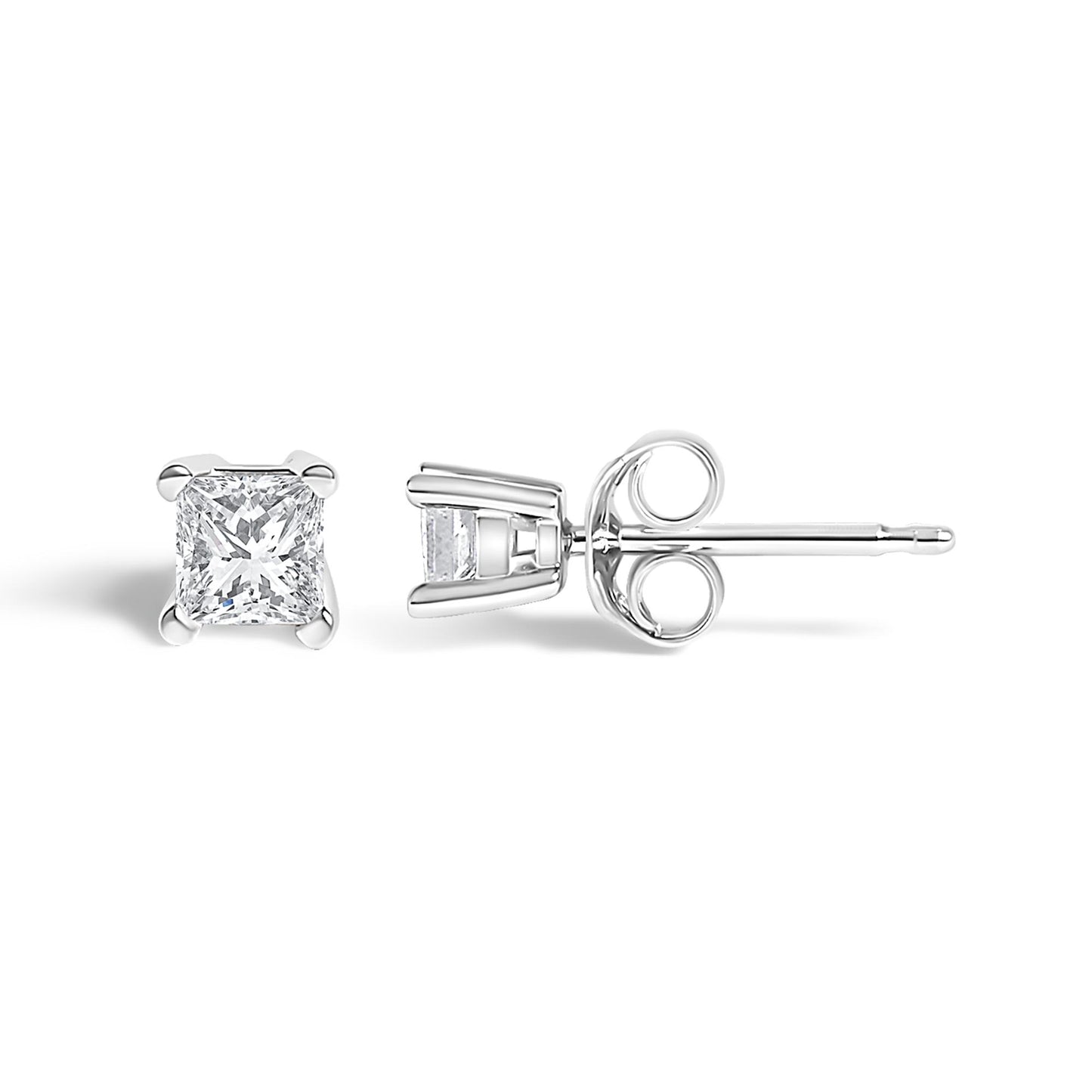 Pair of white metal stud earrings with princess-shaped white gemstones in prong settings, shown from front and side angles on a white background.