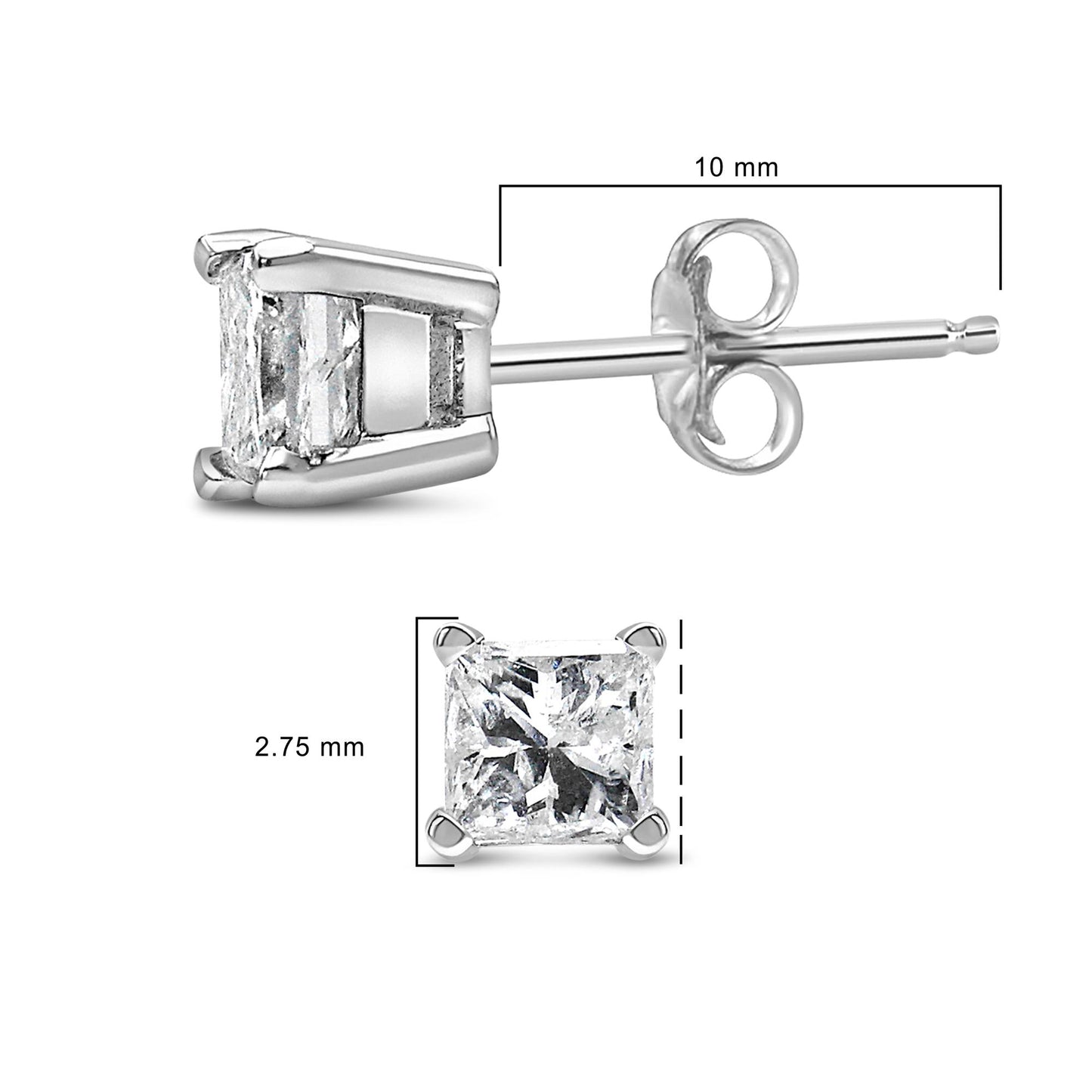 Close-up side angle of a white metal stud earring with a princess shape white gemstone in prong setting, shown alongside a front view of the gemstone with size measurements.