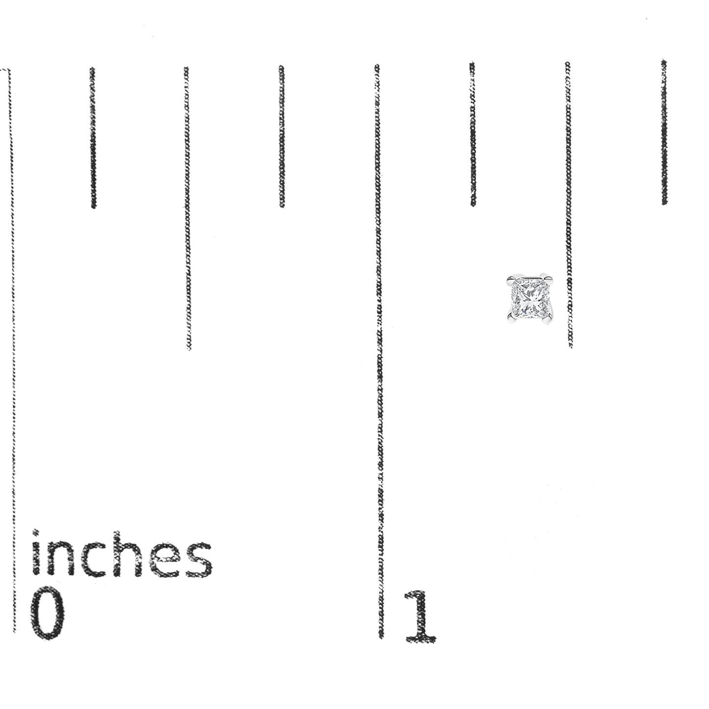 Close-up front view of a single white metal stud earring with a princess-shaped white gemstone in a prong setting, placed on a ruler for size reference.