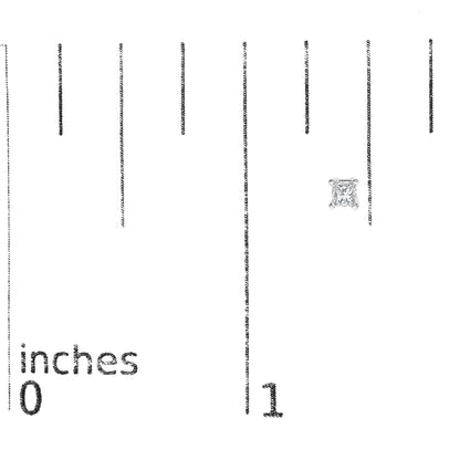 Close-up front view of a single white metal stud earring with a princess-shaped white gemstone in a prong setting, placed on a ruler for size reference.