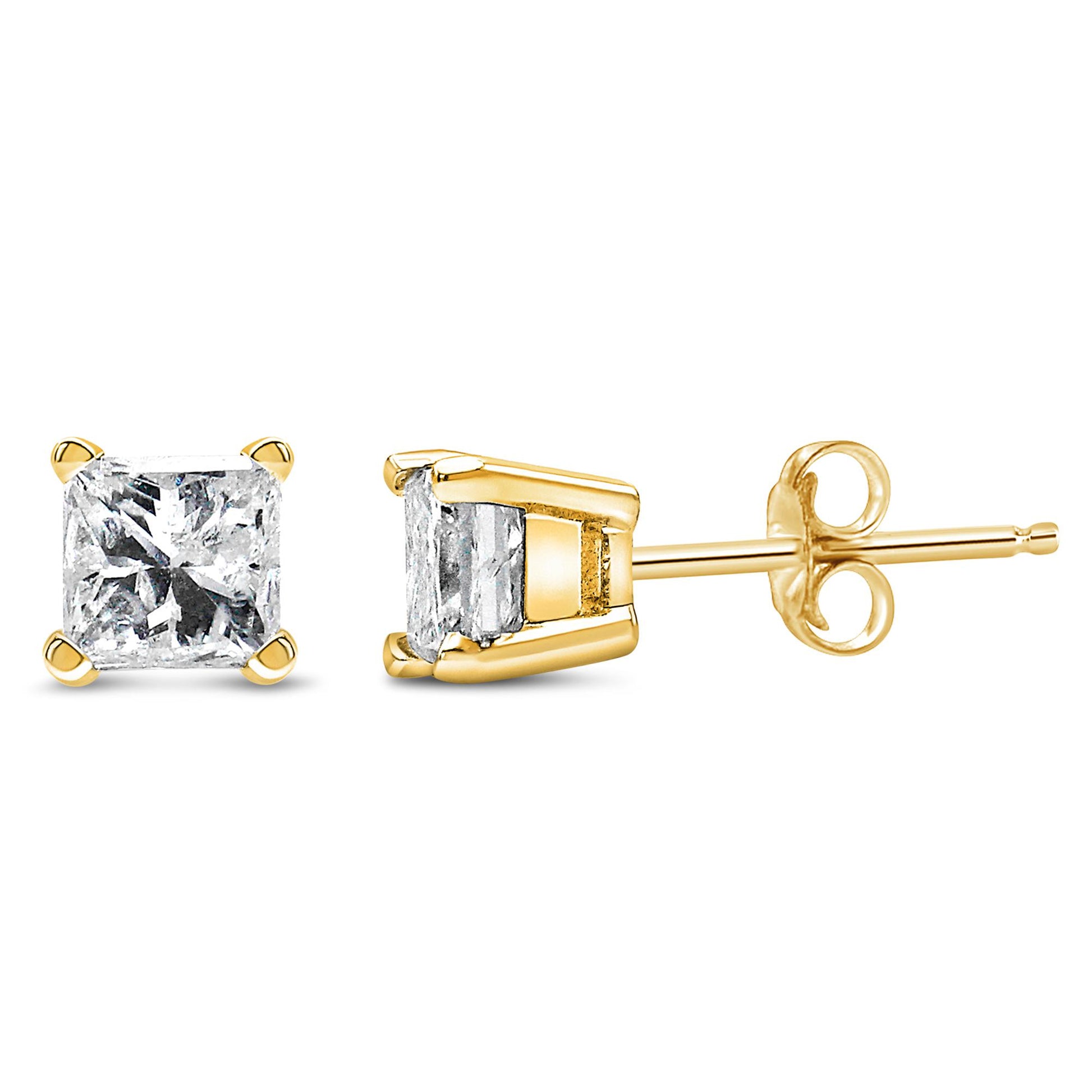 Front and side angled view of yellow metal stud earrings with princess-shape brownish gemstones in four-prong settings.