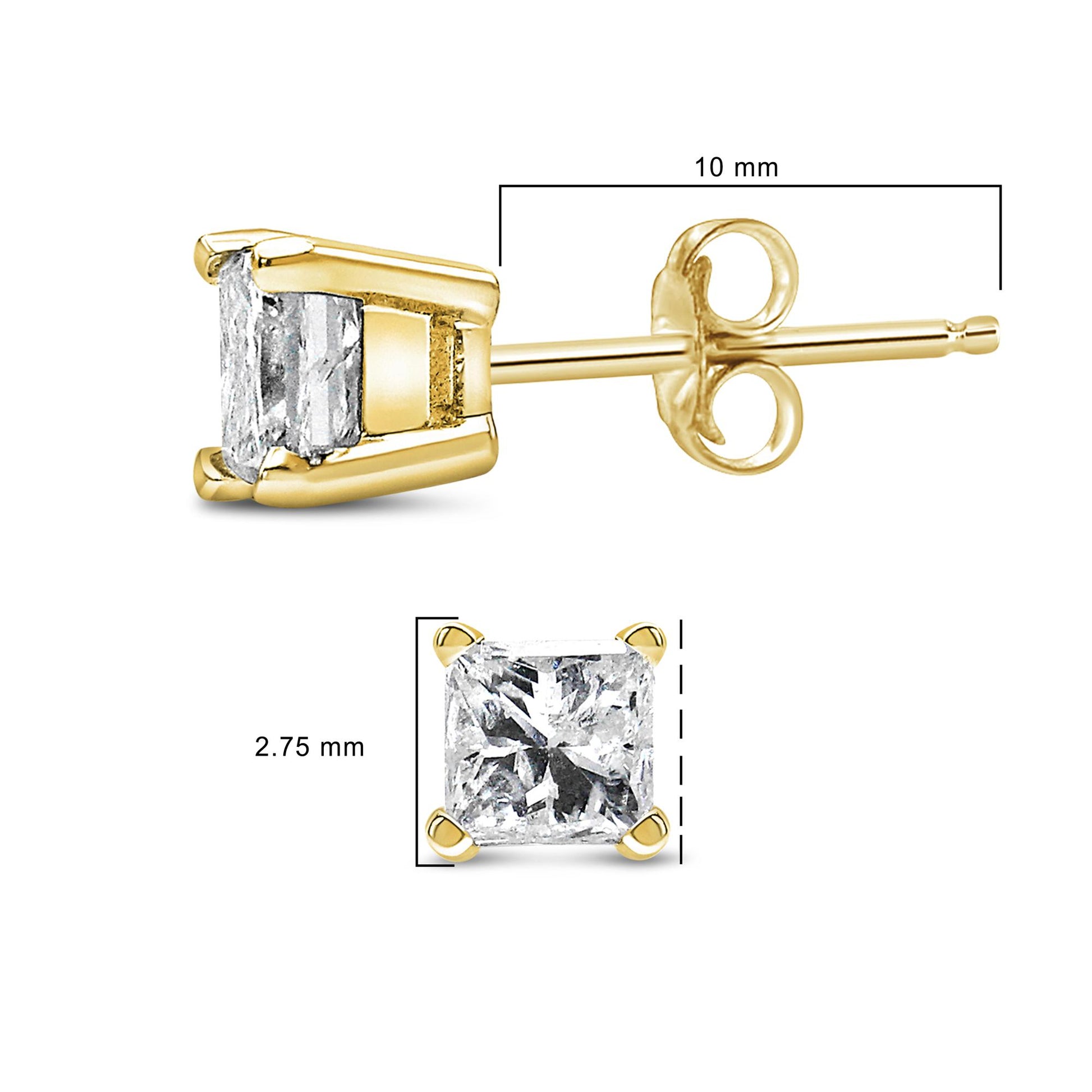 Yellow metal stud earring with a princess-shaped brownish gemstone in a four-prong setting, side and front views, shown with size measurements.