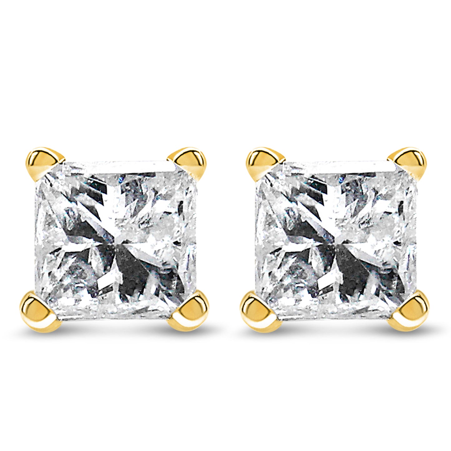 Close-up front view of a pair of yellow metal earrings featuring square-shaped white gemstones in 4-prong settings.