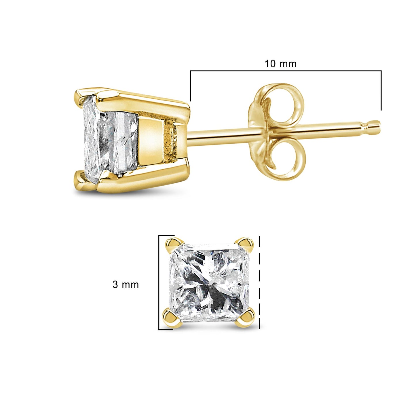 Side and front view of a yellow metal stud earring with a princess-shaped white gemstone set in a four-prong setting shown on a white background with size reference markings.