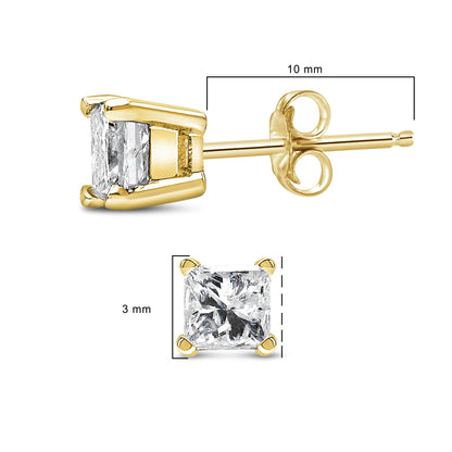 Side and front view of a yellow metal stud earring with a princess-shaped white gemstone set in a four-prong setting shown on a white background with size reference markings.