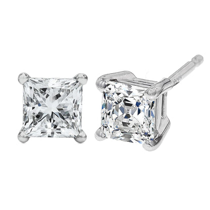 Close-up front and angled view of white metal stud earrings with princess-shaped white gemstones in four-prong settings.