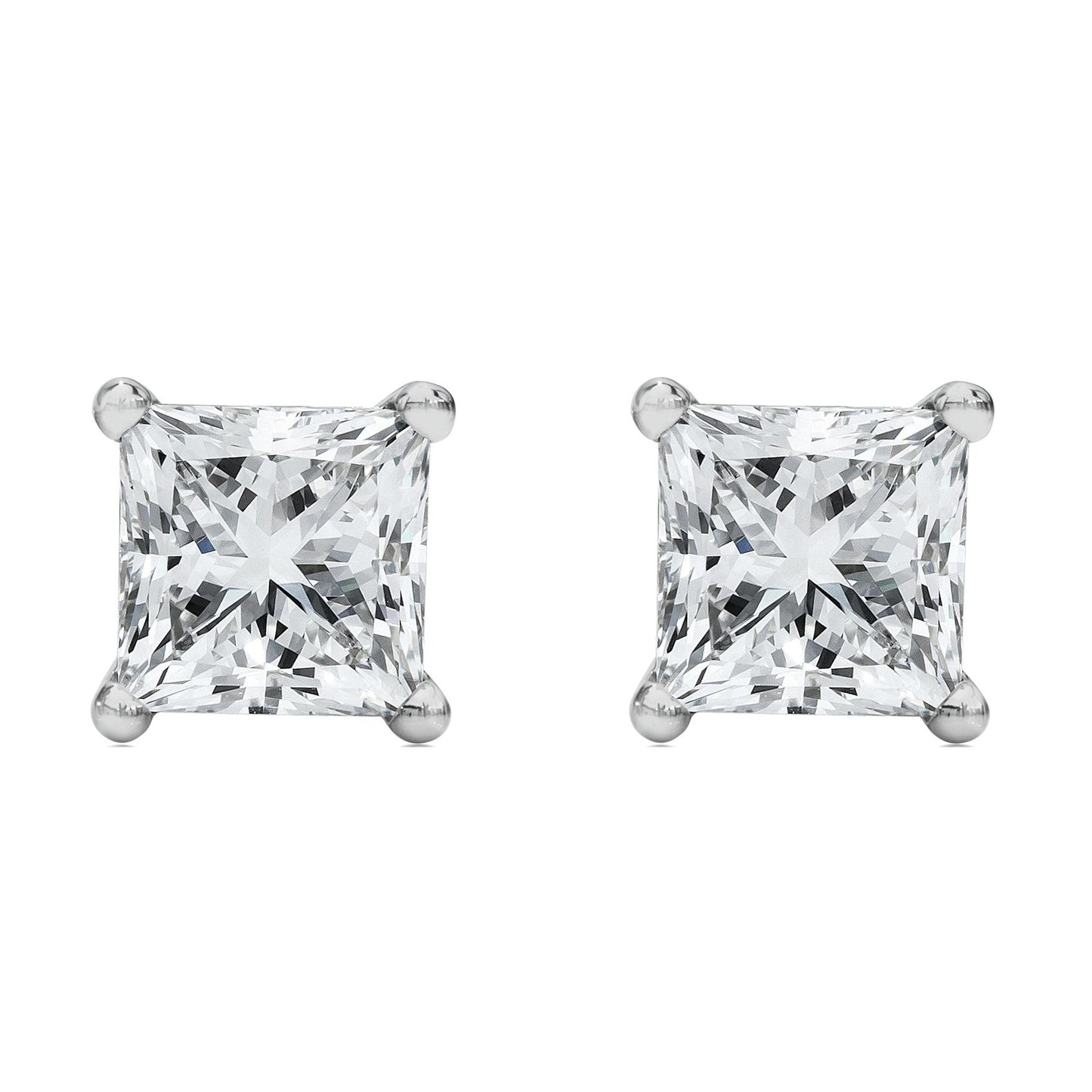 Pair of white metal stud earrings with princess-shaped white gemstones in a 4-prong setting, shown from the front angle.