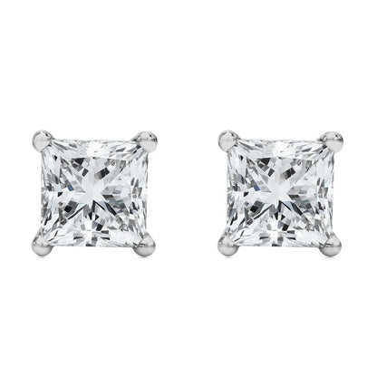Pair of white metal stud earrings with princess-shaped white gemstones in a 4-prong setting, shown from the front angle.