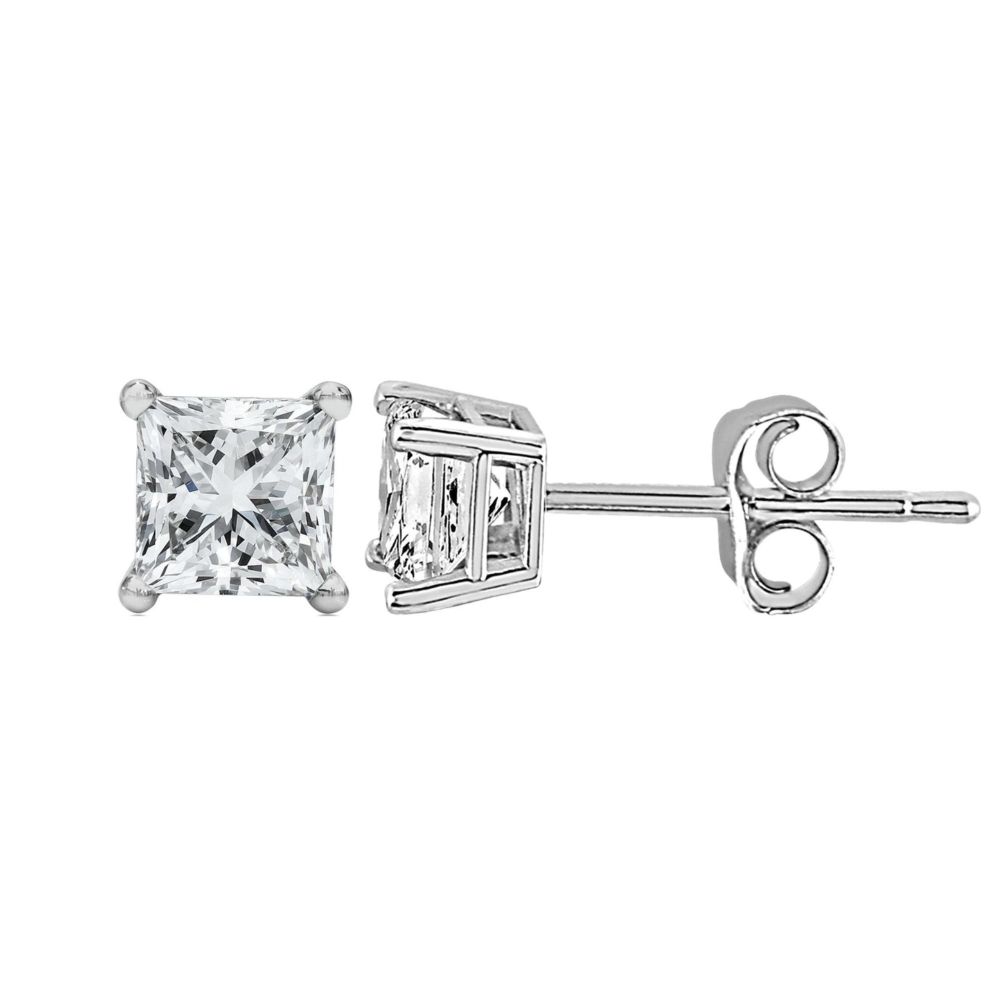 Close-up front and side view of a white metal stud earring with a princess-shaped white gemstone in a four-prong setting.