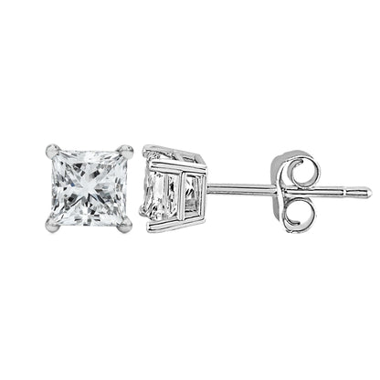 Close-up front and side view of a white metal stud earring with a princess-shaped white gemstone in a four-prong setting.
