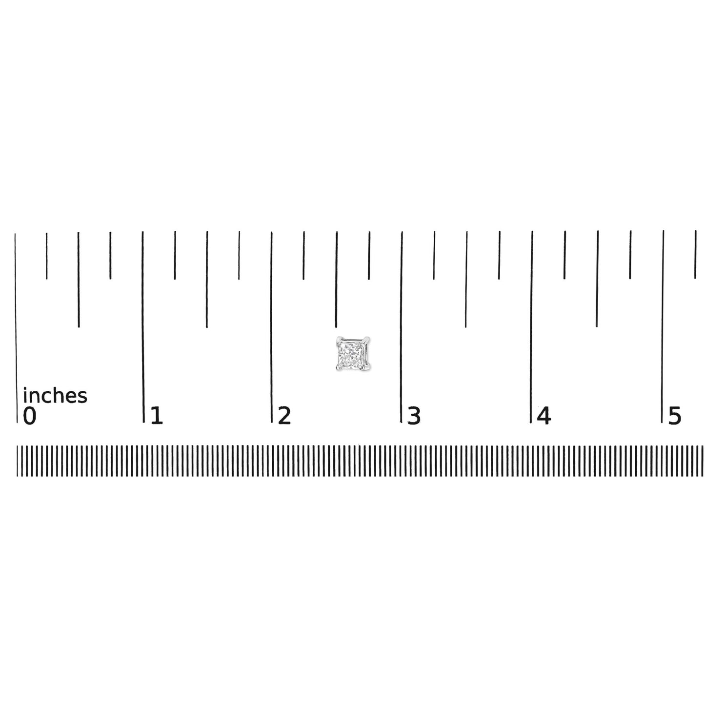 Close-up of white metal princess-shaped gemstone stud earring in a four-prong setting placed on a ruler for size reference.