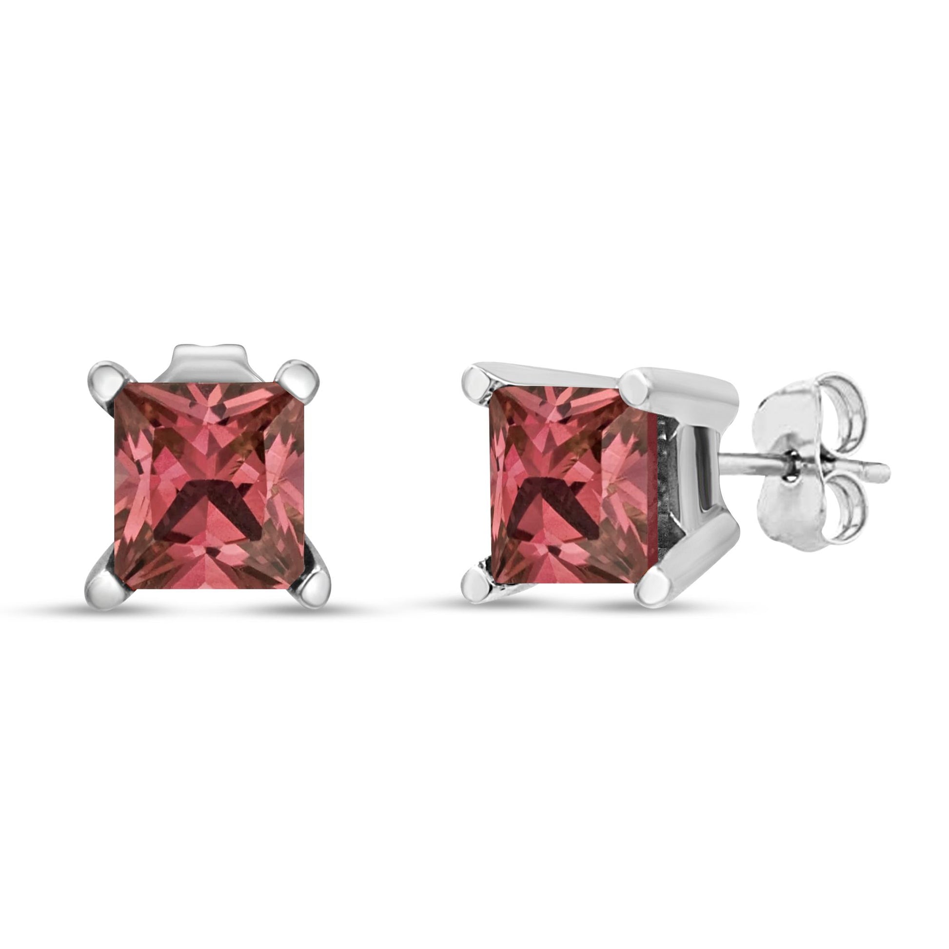 Pair of white metal stud earrings with princess-shaped pink gemstones in 4-prong settings, shown from front and angled side views.