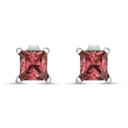 Front-facing close-up of white metal stud earrings with square pink gemstones in four-prong settings.