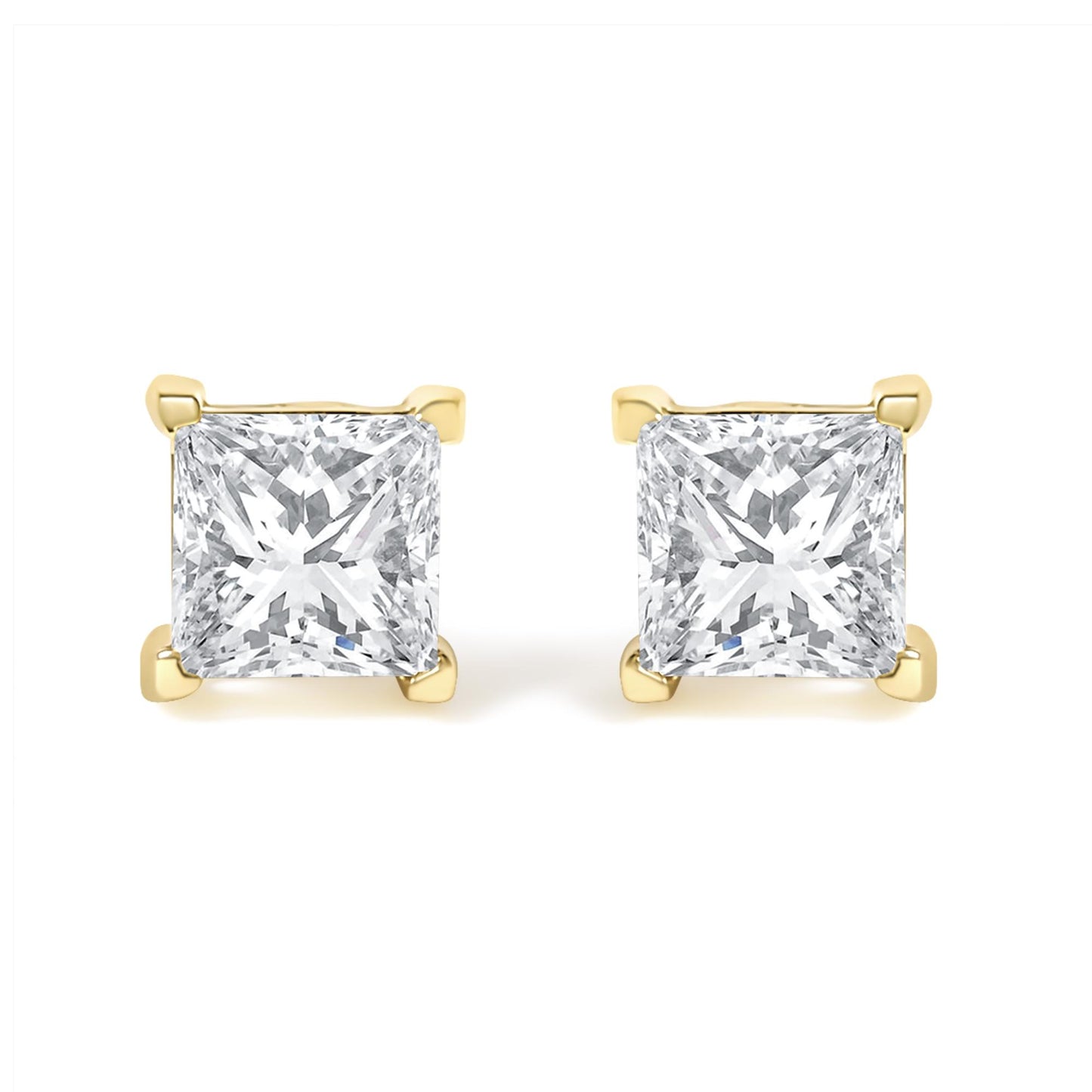 Front view of a pair of yellow metal stud earrings each featuring a princess-shaped white gemstone in a four-prong setting.