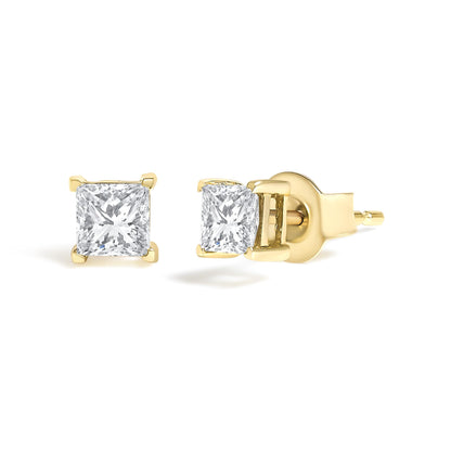 Pair of yellow metal stud earrings with square-shaped white gemstones in 4-prong settings, shown from front and side angles on a white background.