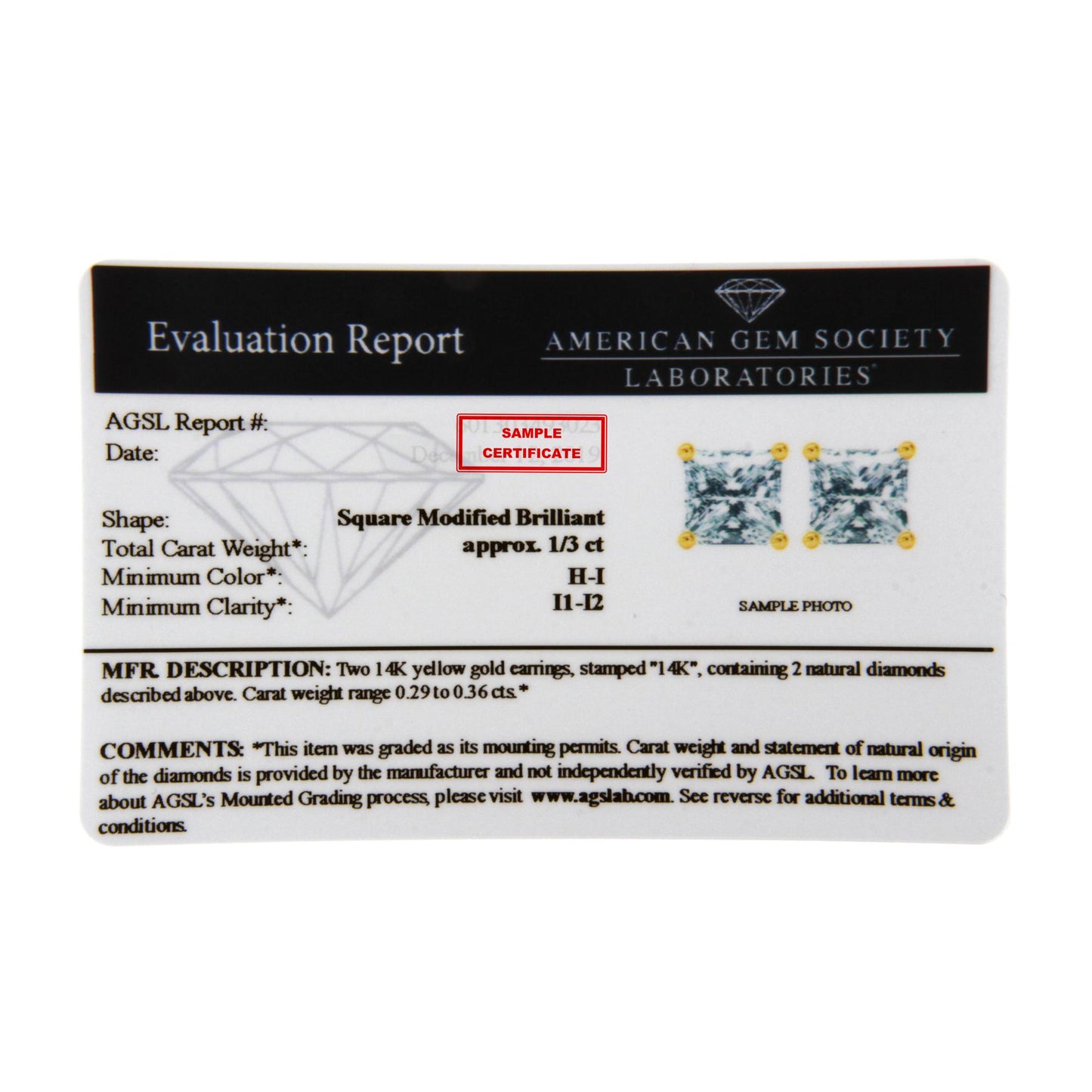 Image shows two square-shaped earrings with white gemstones in prong settings on a yellow metal base, displayed from a frontal angle on a certification card.