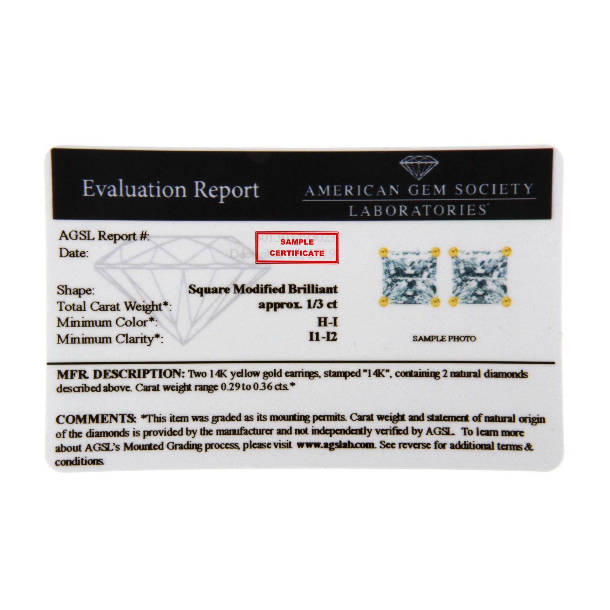 Image shows two square-shaped earrings with white gemstones in prong settings on a yellow metal base, displayed from a frontal angle on a certification card.