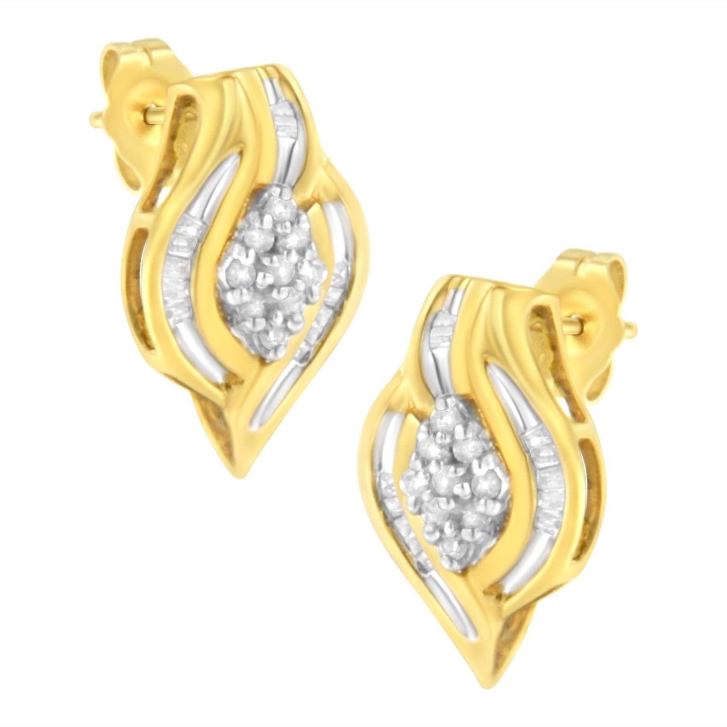 Pair of yellow metal earrings with a wavy design, featuring clustered round white gemstones in prong settings at the center and baguette white gemstones in channel settings along the sides, shown in a front angled view.
