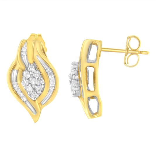 Front and side view of yellow metal earrings with curved shapes, featuring clusters of round white gemstones in prong settings at the center and baguette white gemstones in channel settings along the curves.
