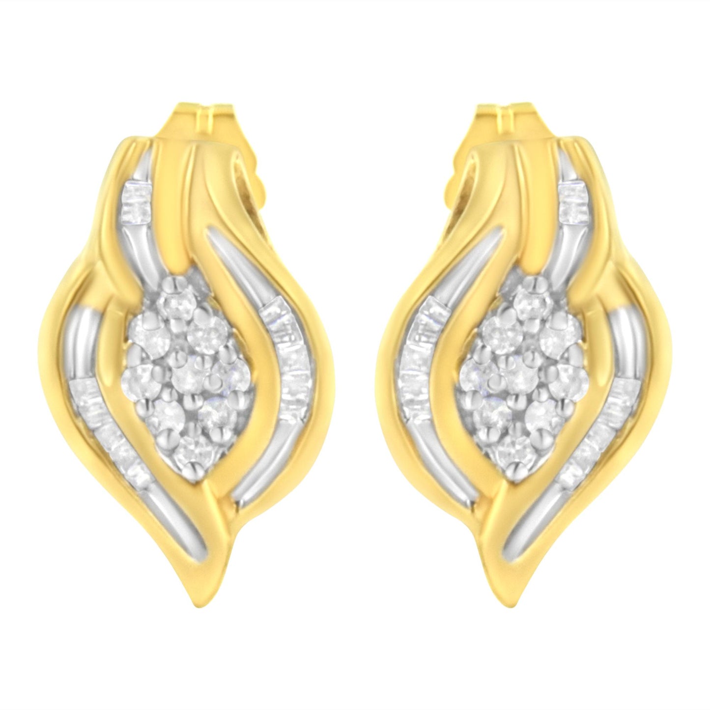 Pair of yellow metal earrings with a leaf-like shape, featuring white round gemstones in prong settings clustered in the center and white baguette gemstones in channel settings along the curves, shown from the front angle.