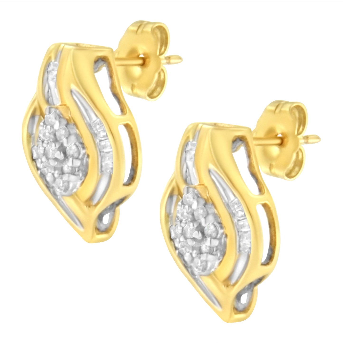 Pair of yellow metal stud earrings with white round and baguette gemstones, shown from a front angle.