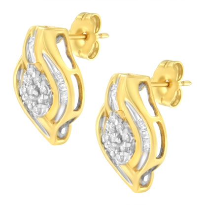 Pair of yellow metal stud earrings with white round and baguette gemstones, shown from a front angle.
