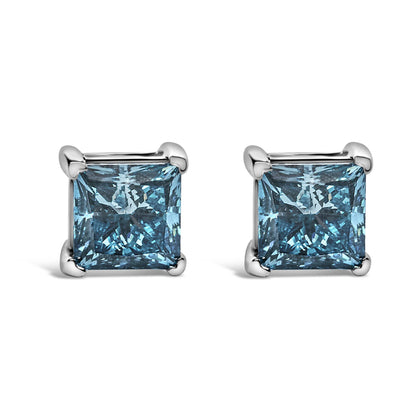 14K White Gold 1.0 Cttw Princess Cut Lab Grown Blue Diamond Solitaire Stud Earrings