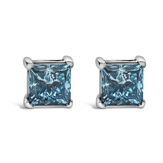 14K White Gold 1.0 Cttw Princess Cut Lab Grown Blue Diamond Solitaire Stud Earrings
