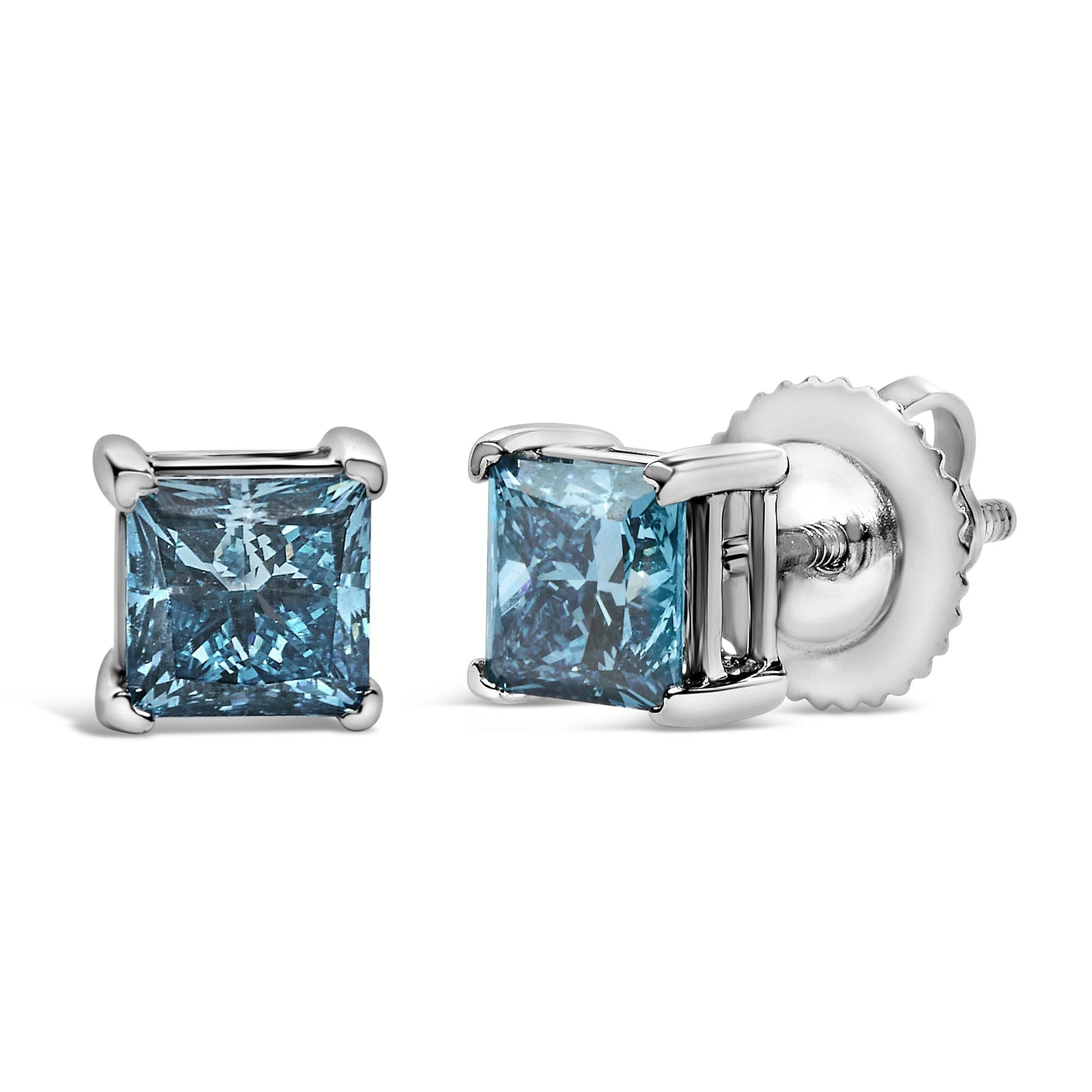 14K White Gold 1.0 Cttw Princess Cut Lab Grown Blue Diamond Solitaire Stud Earrings