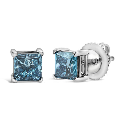 14K White Gold 1.0 Cttw Princess Cut Lab Grown Blue Diamond Solitaire Stud Earrings