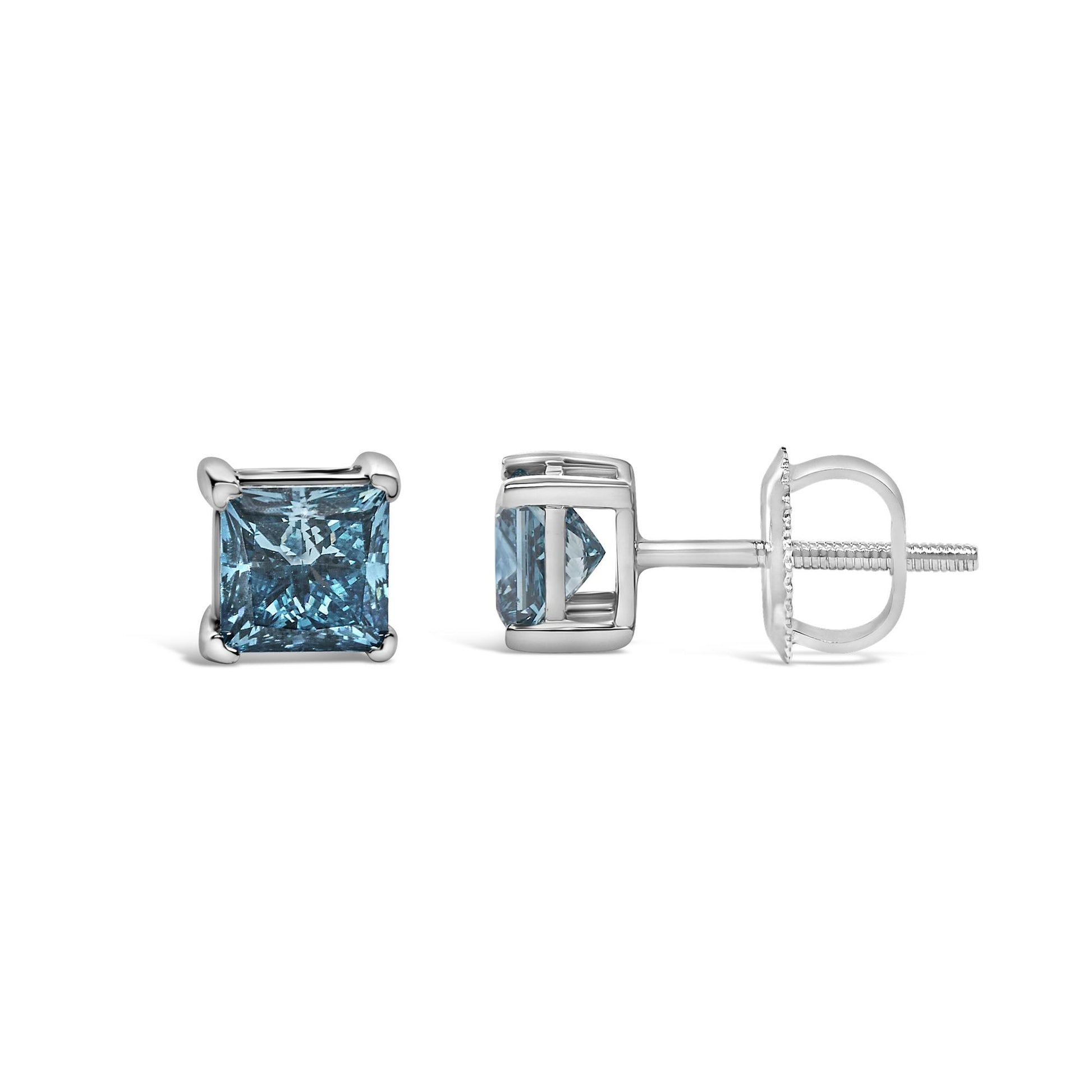 14K White Gold 1.0 Cttw Princess Cut Lab Grown Blue Diamond Solitaire Stud Earrings