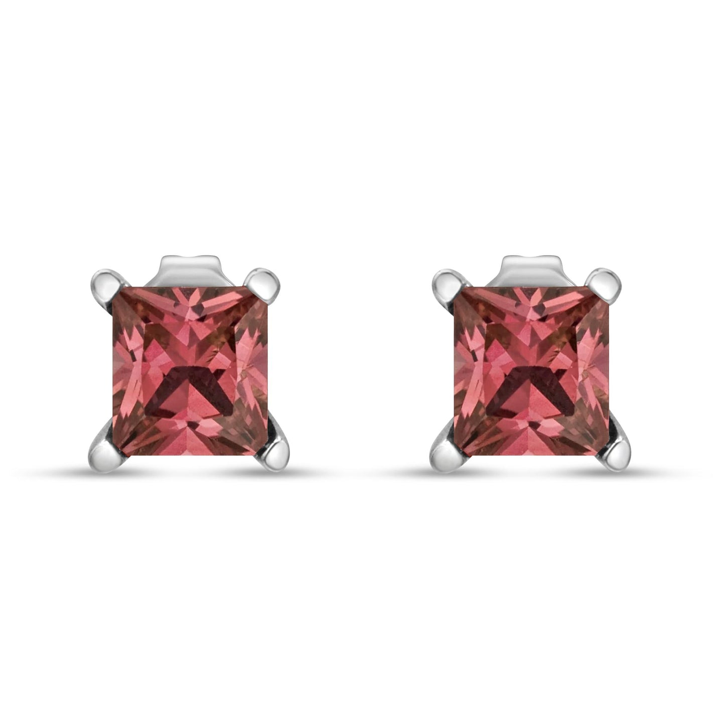 Front view of white metal square stud earrings with pink square-shaped gemstones in four-prong settings.